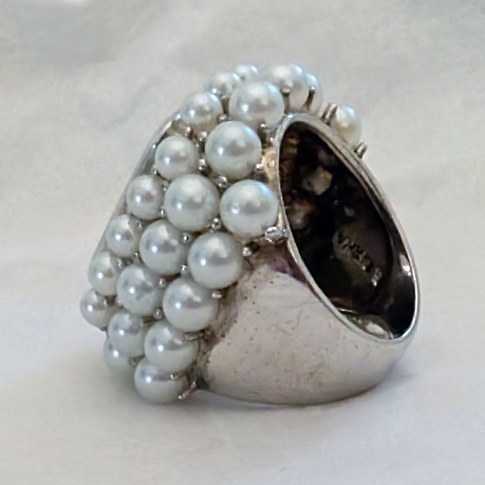 Vintage Y2K Oversized Sterling Silver Pearl Cocktail Ring- Size 5 - Picture 3 of 9